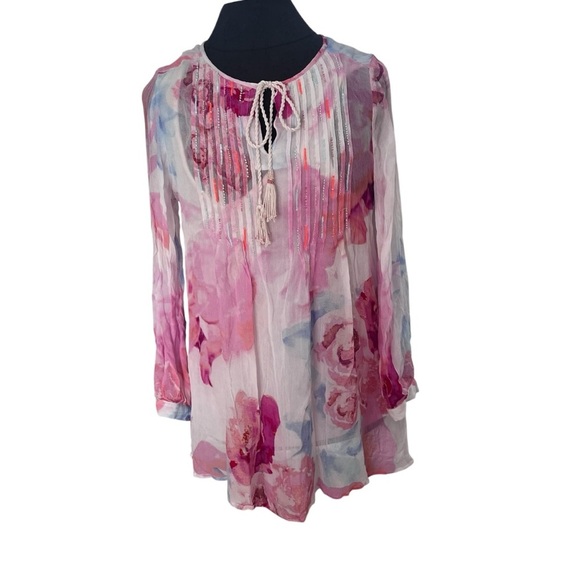 Soft Surroundings Floral Boho Beaded Bed of Roses Silk Chiffon Tunic Top Sz M - Picture 5 of 9